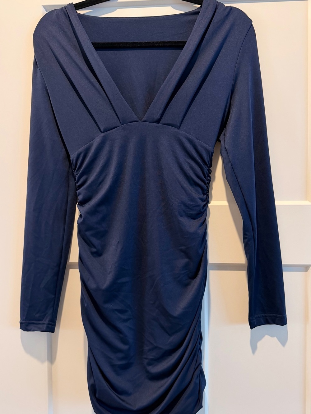 Navy Long-Sleeve V-Neck Ruched Women’s Mini Dress